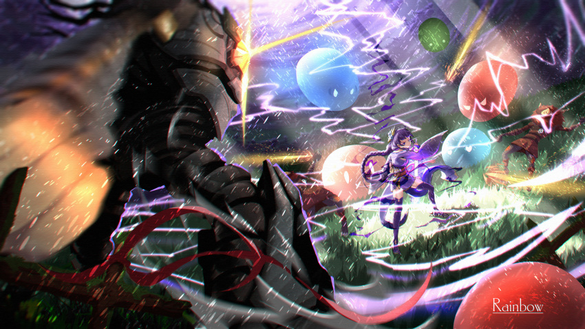 1girl, anemo_slime_(genshin_impact), artist_name, blunt_bangs, braid, commentary_request, dendro_slime_(genshin_impact), electricity