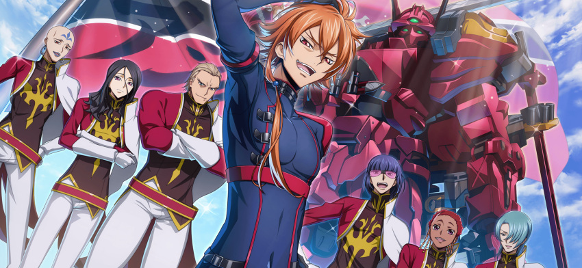 3girls, 4boys, alexander_(code_geass), arm_up, ashley_ashura, blue_bodysuit, bodysuit, character_request, code_geass, code_geass:_boukoku_no_akito, code_geass:_lost_stories, f4samurai, game_cg, highres, knightmare_frame, mecha, multiple_boys, multiple_girls, official_art, open_mouth, orange_hair, red_eyes, robot, short_hair, smile, teeth