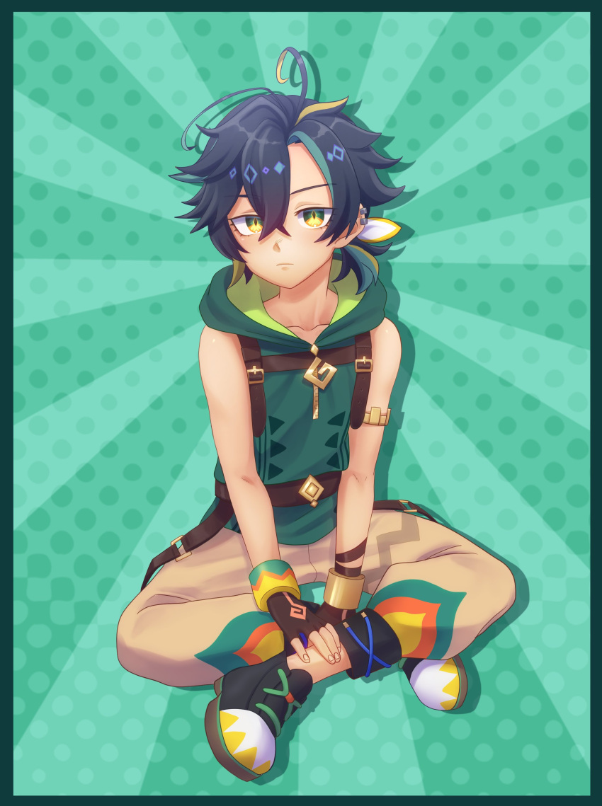 1boy, absurdres, aged_down, ahoge, black_hair, boots, child, commentary, english_commentary, fingerless_gloves, genshin_impact, gloves, green_background, green_eyes, green_hair, highres, ivlice, kinich_(genshin_impact), looking_at_viewer, male_focus, multicolored_hair, pants, solo, streaked_hair