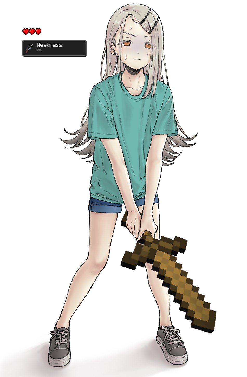 1girl, blue_shorts, cosplay, denim, denim_shorts, green_shirt, hair_ornament, hairclip, highres, holding, holding_sword, holding_weapon, imaninjaguy, long_hair, minecraft, orange_eyes, shinosawa_hiro, shirt, shoes, shorts, simple_background, sneakers, steve_(minecraft), steve_(minecraft)_(cosplay), struggling, sweatdrop, sword, weapon, white_background, white_hair, wooden_sword