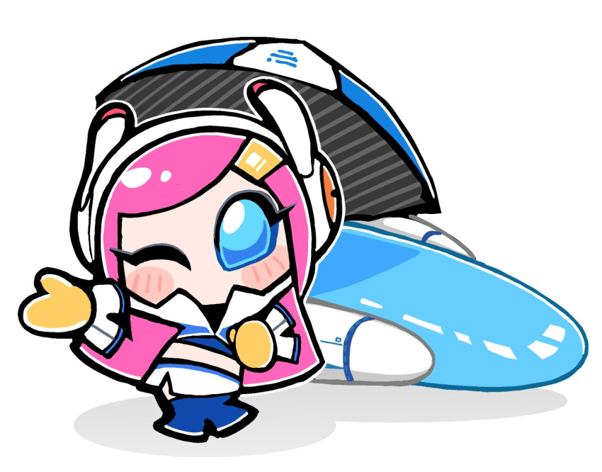 1girl, alternate_costume, bkub, blue_eyes, blue_shirt, blush_stickers, crop_top, formula_star, full_body, gloves, hair_ornament, hairclip, highres, holding, holding_umbrella, jacket, kirby_(series), kirby_air_ride, kirby_air_riders, long_hair, looking_at_viewer, one_eye_closed, pink_hair, racequeen, rayman_limbs, shirt, simple_background, skirt, solo, susie_(kirby), umbrella, white_background, white_jacket, white_skirt, yellow_gloves
