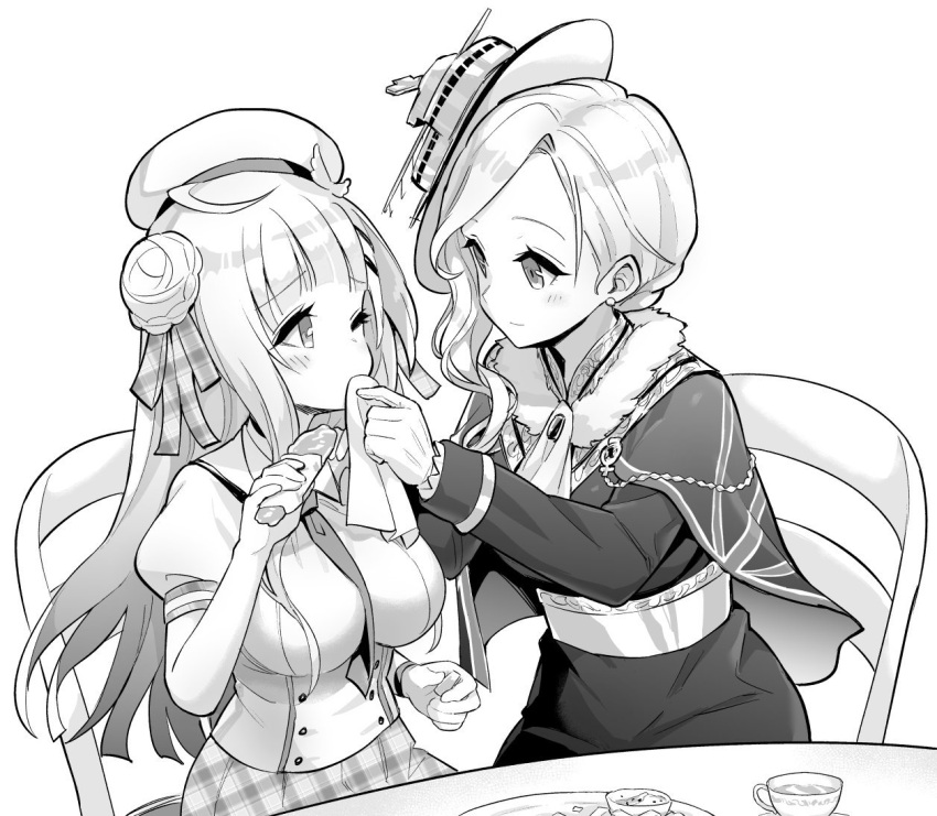 2girls, ahoge, ascot, azur_lane, azur_lane:_slow_ahead, beret, between_breasts, blush