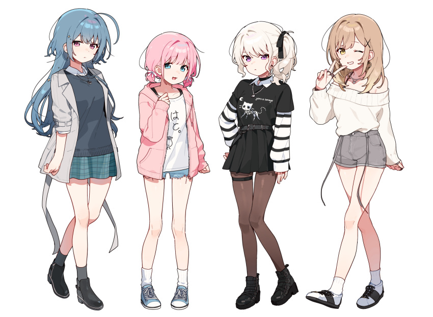 4girls, ahoge, aqua_skirt, belt, black_belt, black_bow, black_choker, black_pantyhose