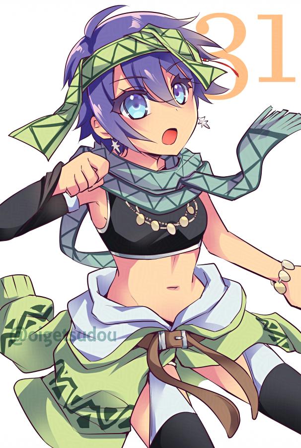 1girl, belly, blue_eyes, breasts, clenched_hand, commentary_request, countdown, dark-skinned_female