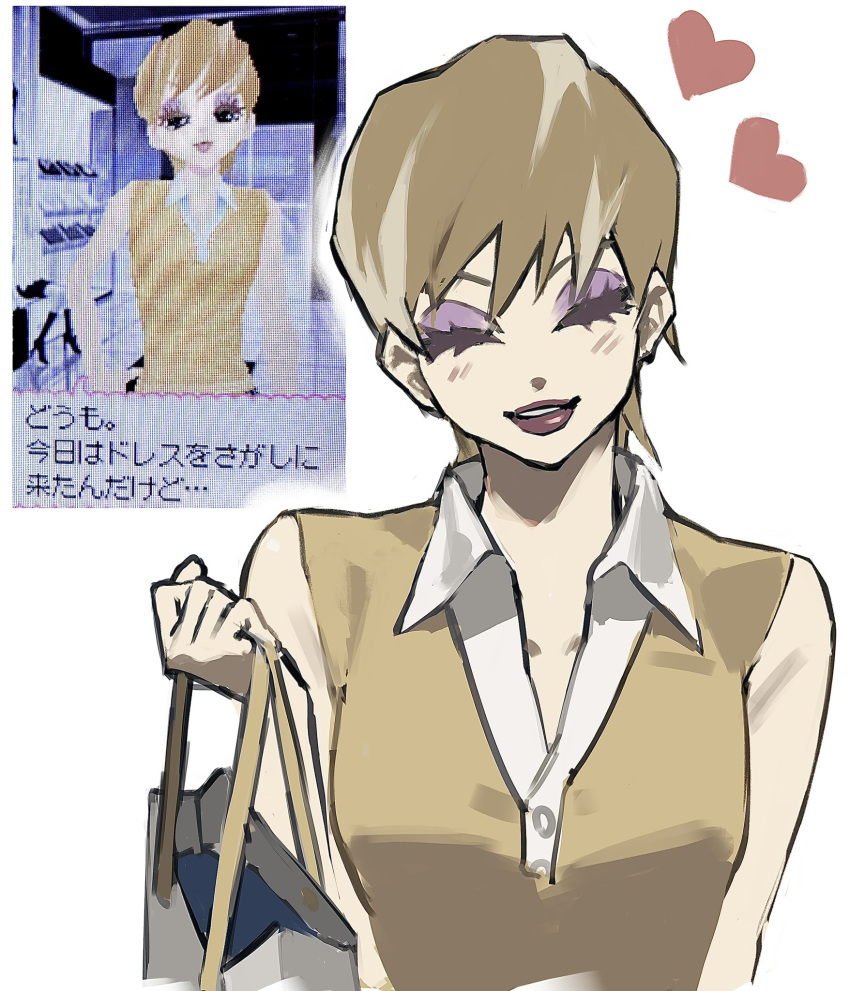 1girl, bag, blonde_hair, blush, closed_eyes, commentary_request, cropped_torso, eyeshadow
