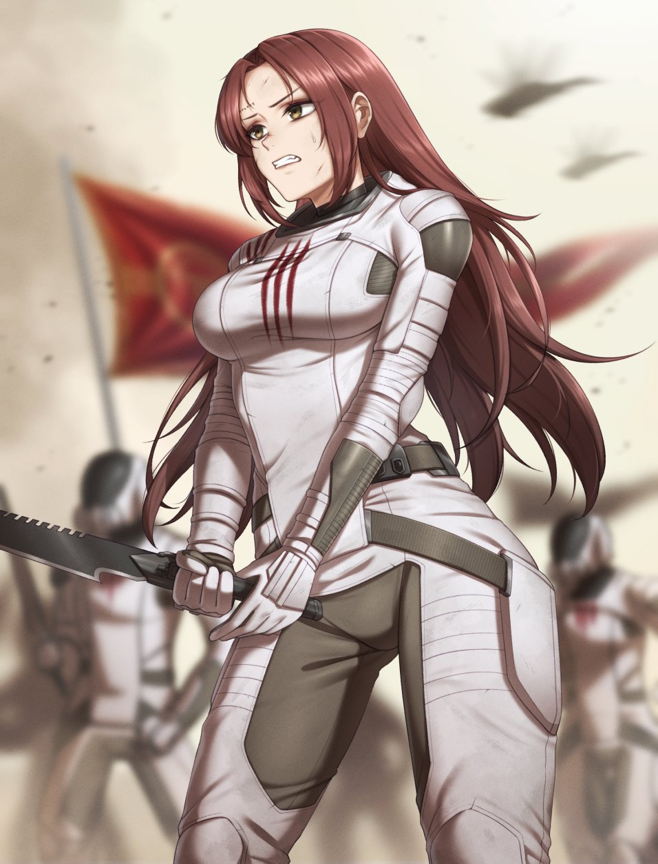 1girl, 2others, aircraft, blurry, blurry_background, body_armor, breasts, cowboy_shot, day, dune_(series), flag, helmet, highres, holding, holding_sword, holding_weapon, large_breasts, long_hair, multiple_others, no_headwear, open_mouth, ornithopter, outdoors, red_flag, red_hair, sardaukar, soldier, sweat, sword, teeth, unconventional_vehicle, weapon, yellow_eyes, zxpfer