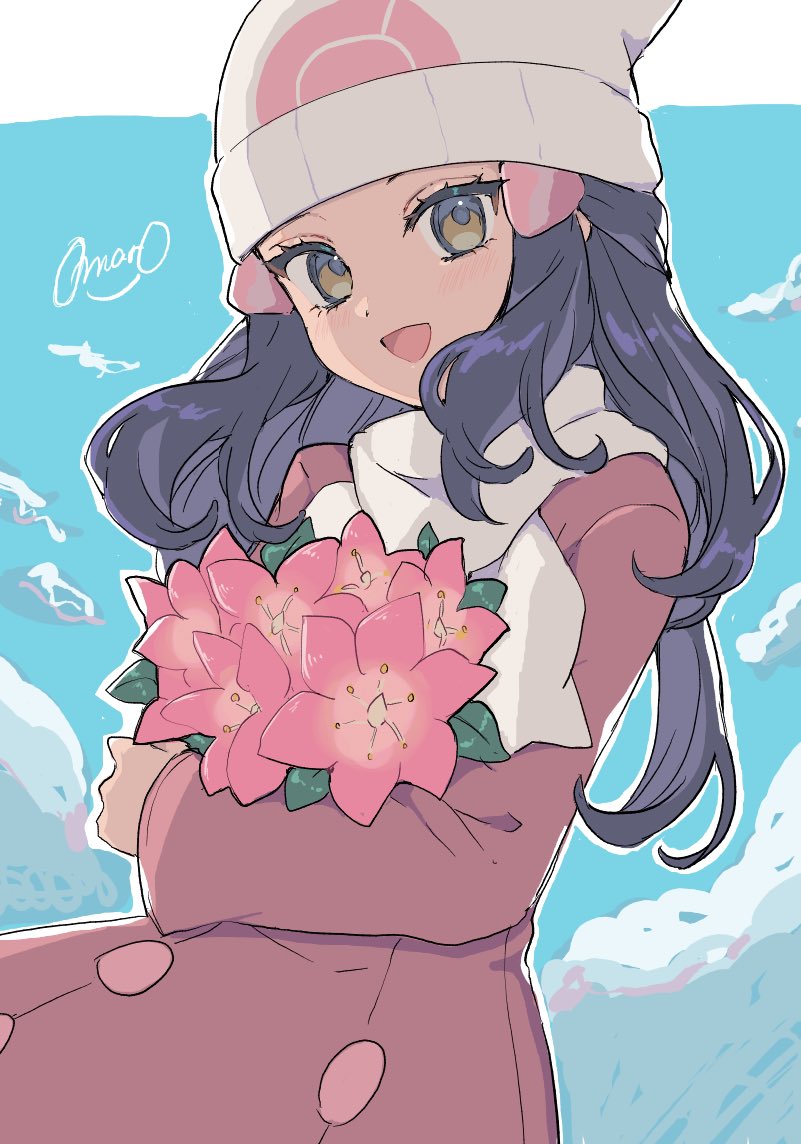 1girl, :d, beanie, black_hair, blue_sky, border, bouquet, clouds