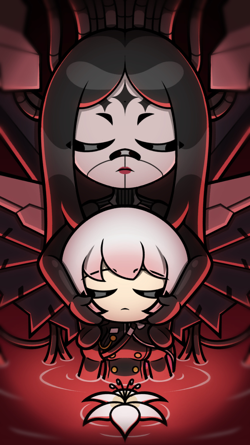 2girls, aiguillette, black_hair, breasts, closed_eyes, closed_mouth, commentary, expressionless