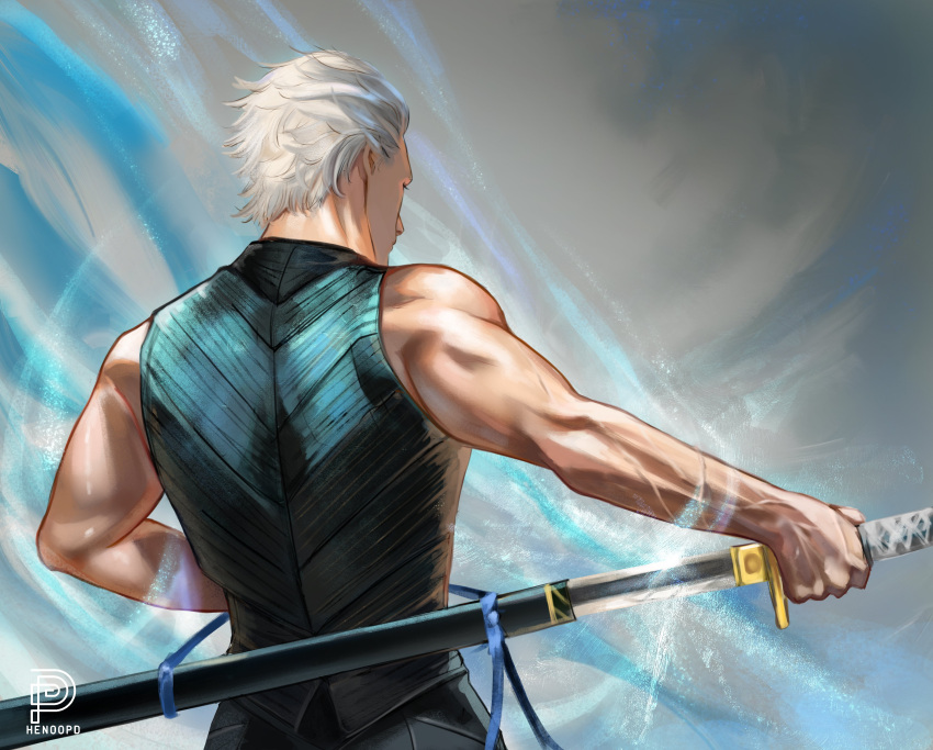 1boy, absurdres, blue_shirt, commentary, cowboy_shot, devil_may_cry_(series), devil_may_cry_5, drawing_sword