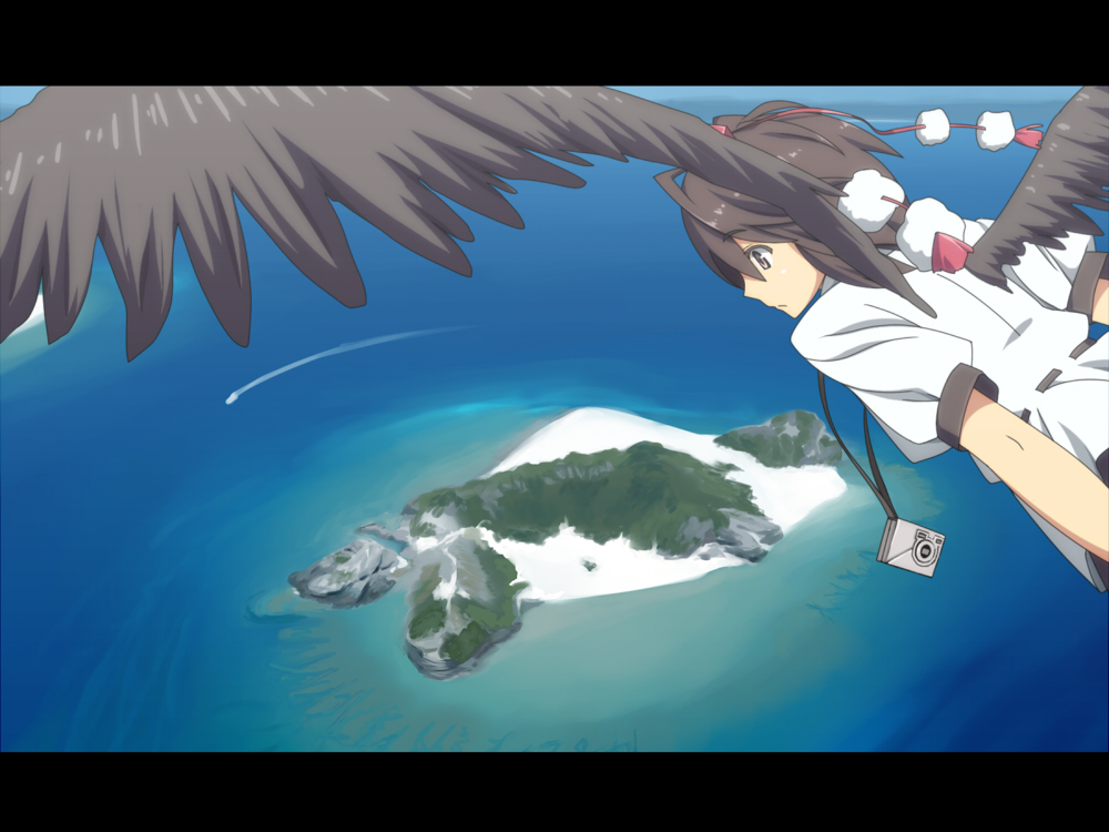 ac_(eshi), bad_id, black_hair, black_wings, brown_eyes, camera, eshi, flying