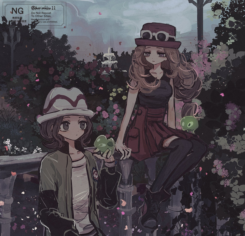 2girls, black_shirt, black_shoes, black_thighhighs, blonde_hair, brown_eyes, brown_hair, commentary_request