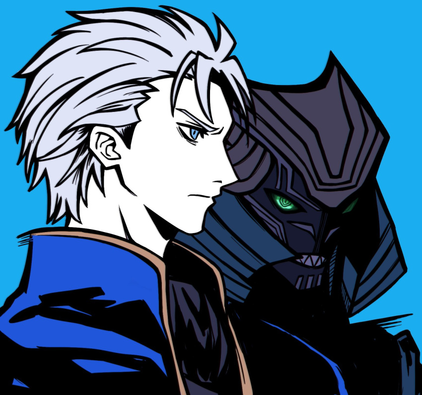 1boy, alternate_form, blue_background, blue_eyes, blue_jacket, closed_mouth, demon, demon_boy