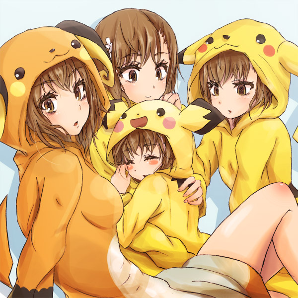blush_stickers, brown_eyes, brown_hair, closed_eyes, cosplay, costume, eyes_closed, hair_ornament
