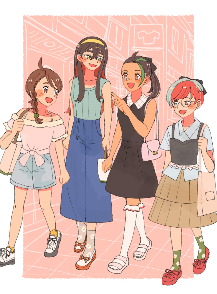 4girls, :d, ahoge, alternate_costume, aoaoe_2, bag, bare_shoulders, black_dress