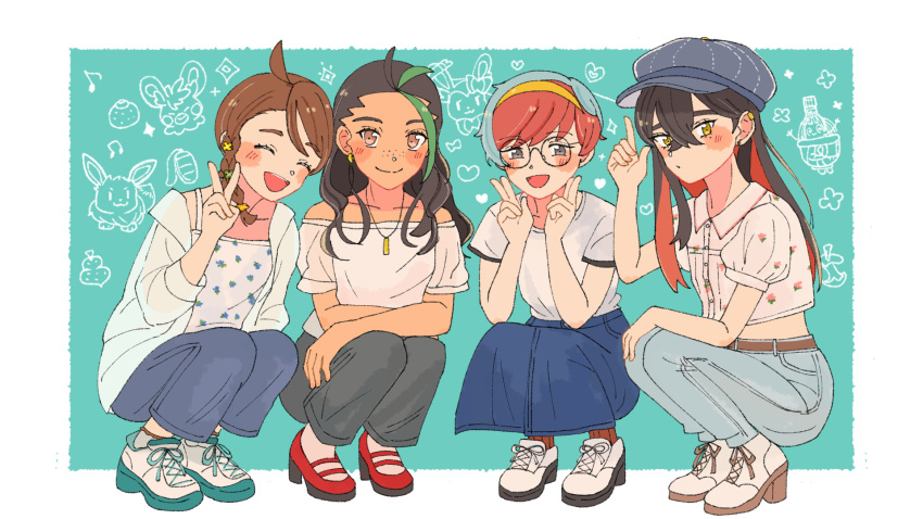 4girls, :d, ahoge, alternate_costume, amulet_coin, aoaoe_2, apple, apple_core
