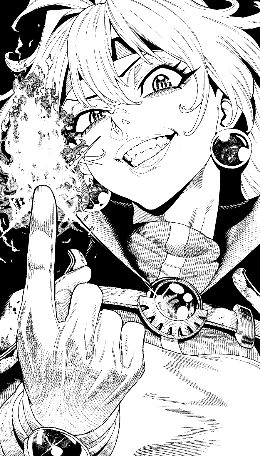1girl, cape, commentary, earrings, english_commentary, fire, gloves, greyscale