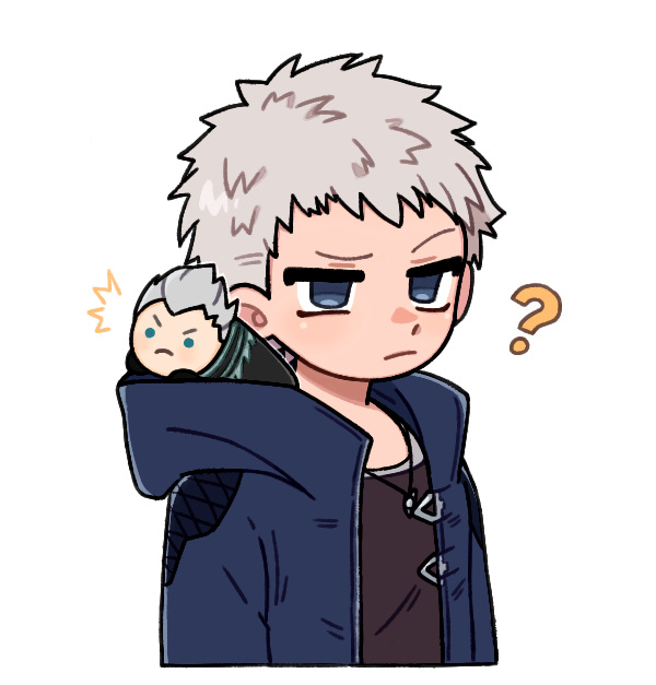 2boys, ?, black_shirt, blue_jacket, closed_mouth, crew_neck, cropped_torso, devil_may_cry_(series)