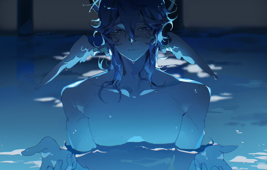 1boy, anar_9158, blush, chainsaw_man, closed_mouth, collarbone, commentary, english_commentary, hair_between_eyes, halo, head_wings, highres, honkai:_star_rail, honkai_(series), i'll_teach_you_everything_(chainsaw_man), light_reflection_(water), light_smile, looking_at_viewer, male_focus, medium_hair, no_nipples, nude, partially_submerged, pool, scene_reference, solo, sunday_(honkai:_star_rail), upper_body, water, wet, wet_hair, wet_wings, wings