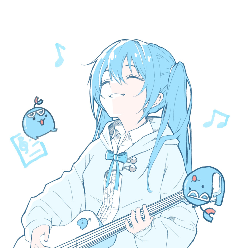 1girl, absurdres, arahashi_tabi, blue_bow, blue_bowtie, blue_hair, bow, bowtie, center_frills, chikoyzh, closed_eyes, coat, collared_shirt, commentary, creature, frilled_shirt, frills, grin, guitar, happy, highres, holding, holding_guitar, holding_instrument, instrument, long_sleeves, music, musical_note, playing_guitar, playing_instrument, pungdangi_(arahashi_tabi), shirt, simple_background, smile, solo, stellive, symbol-only_commentary, twintails, upper_body, virtual_youtuber, white_background, white_coat, white_shirt, wing_collar