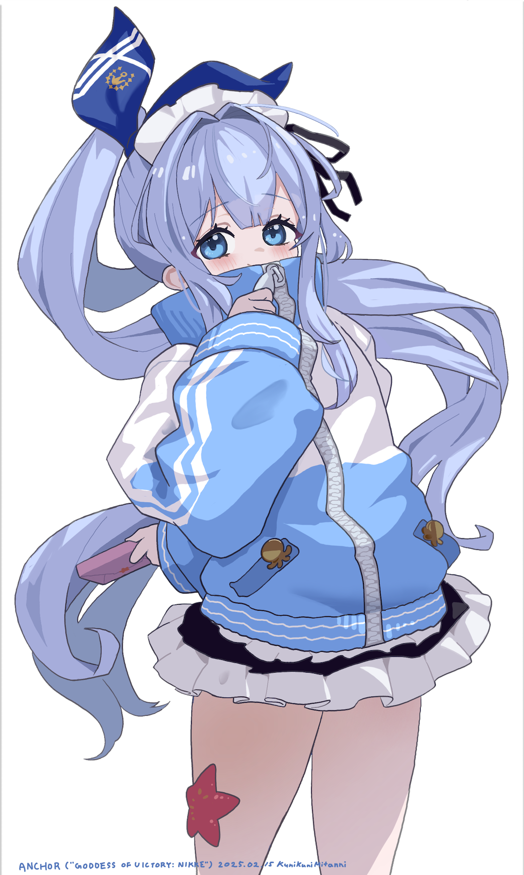 1girl, anchor_(innocent_maid)_(nikke), anchor_(nikke), anchor_symbol, black_ribbon, black_skirt, blue_bow, blue_eyes