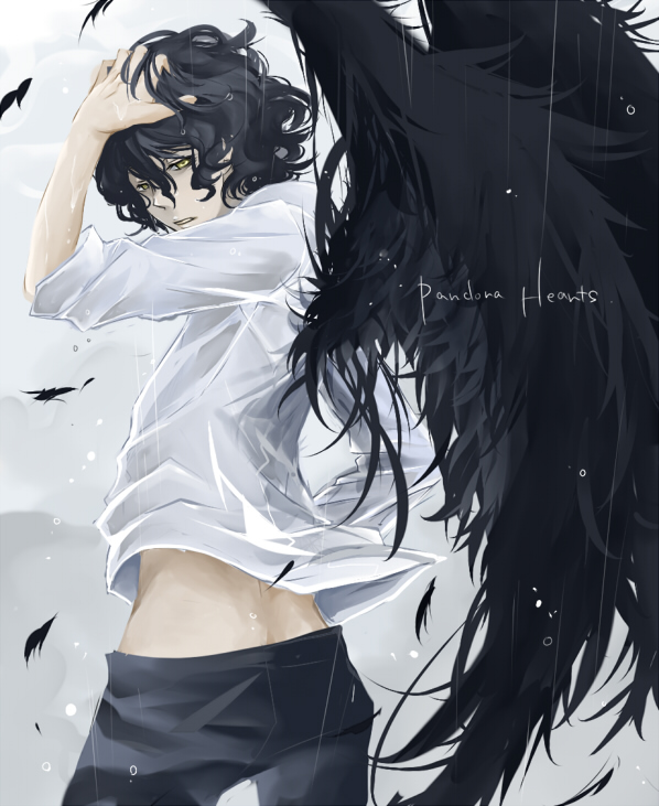 black_hair, black_wings, feathers, gilbert_nightray, hand_in_hair, hand_on_head, keika, male, pandora_hearts, rain, solo, wavy_hair, wings, yellow_eyes