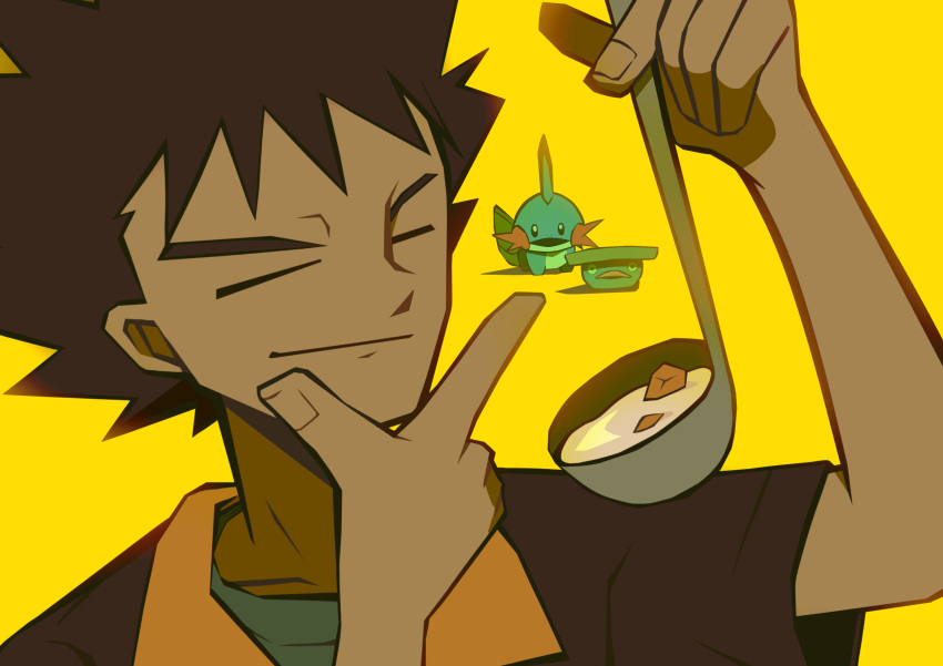1boy, absurdres, brock_(pokemon), brown_hair, brown_jacket, closed_eyes, closed_mouth, commentary_request