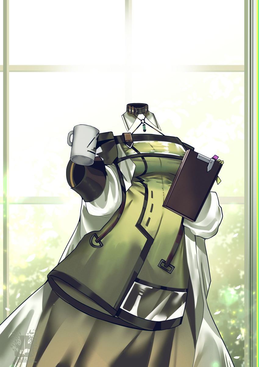 absurdres, arknights, book, breasts, coffee_mug, commentary_request, cup, day