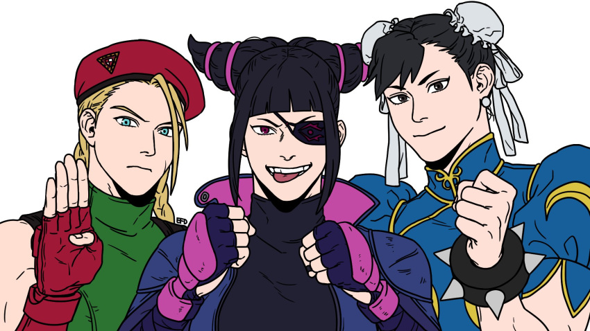 3girls, archived_source, arm_up, artist_name, beret, biker_clothes, black_bodysuit, black_eyes