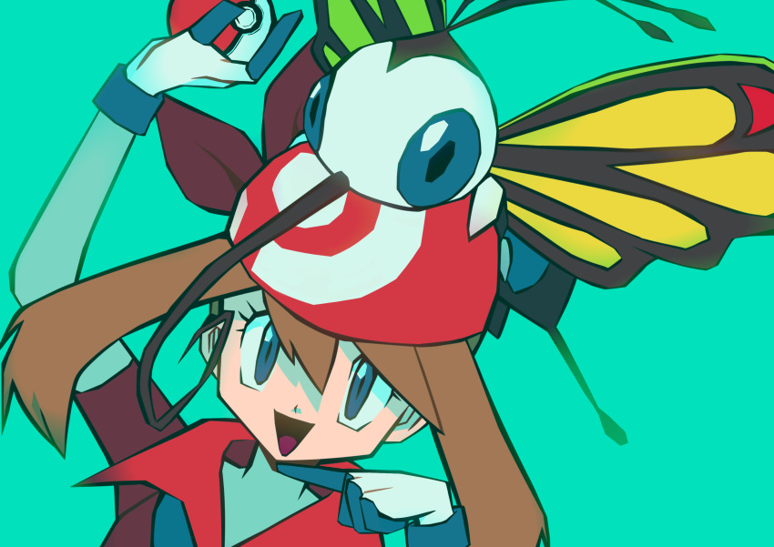 1girl, absurdres, aqua_background, arm_up, bandana, beautifly, blue_eyes, brown_hair