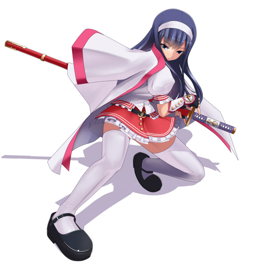 black_hair, blue_eyes, cape, daibanchou, eto, fingerless_gloves, gloves, hairband