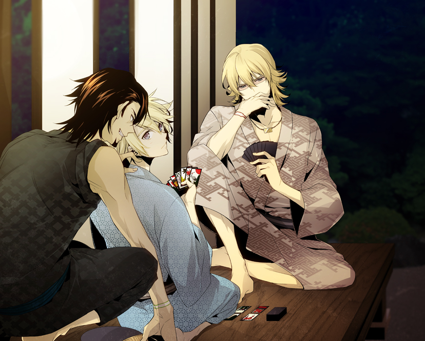 bad_id, barefoot, barnaby_brooks_jr, blonde_hair, blue_eyes, brown_hair, glasses, hanafuda