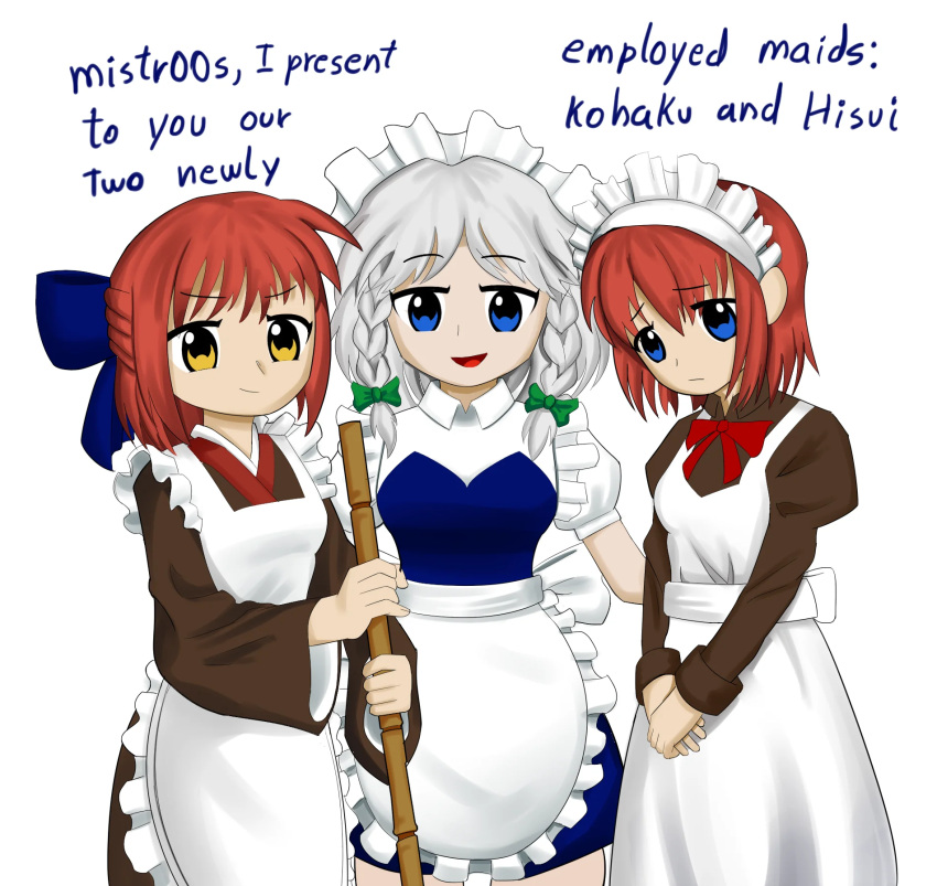 3girls, apron, blue_bow, blue_eyes, bow, bowtie, braid, breasts