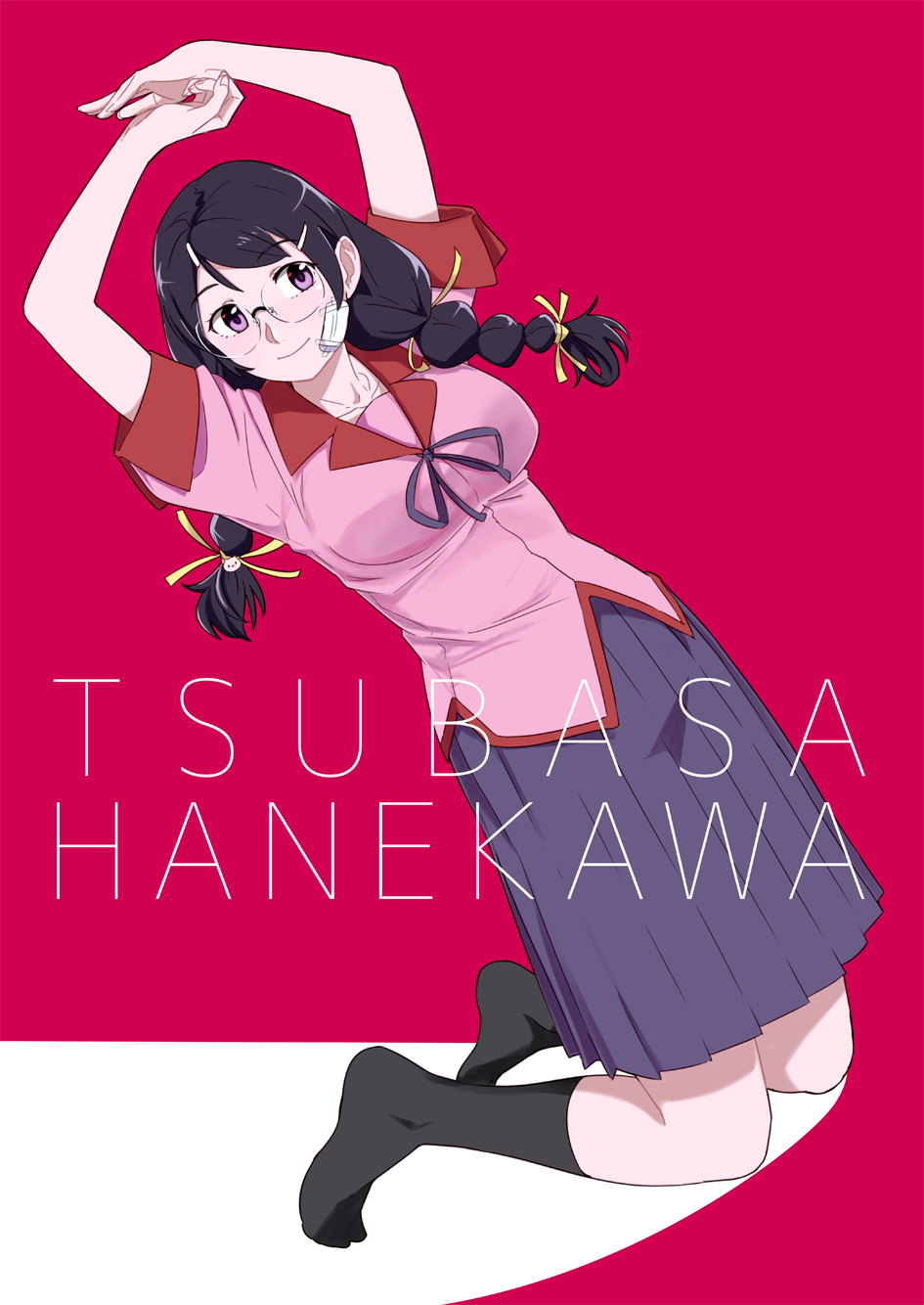 1girl, arms_up, black_hair, black_socks, braid, breasts, character_name, gauze