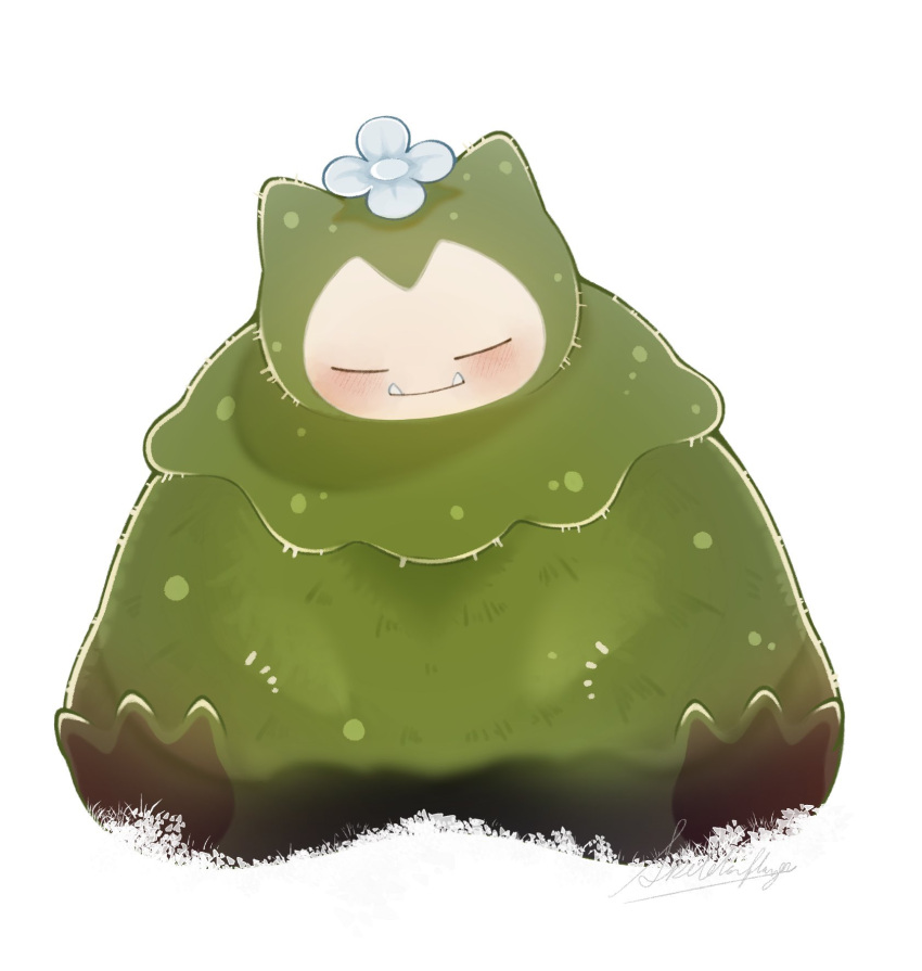 =_=, blush, closed_eyes, closed_mouth, commentary_request, fangs, flower, full_body