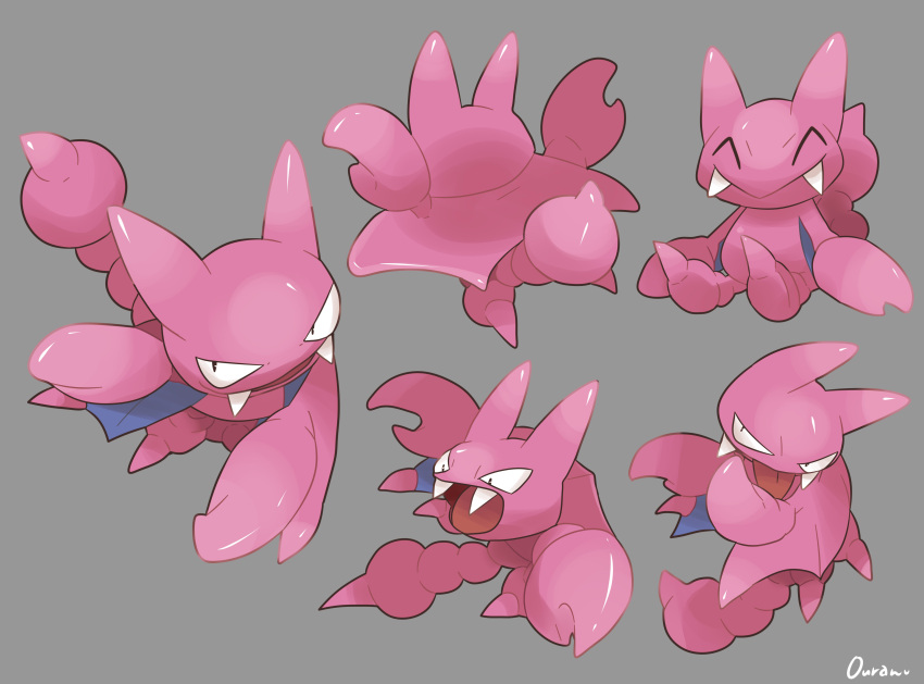 absurdres, closed_eyes, closed_mouth, commentary_request, fangs, full_body, gligar, grey_background
