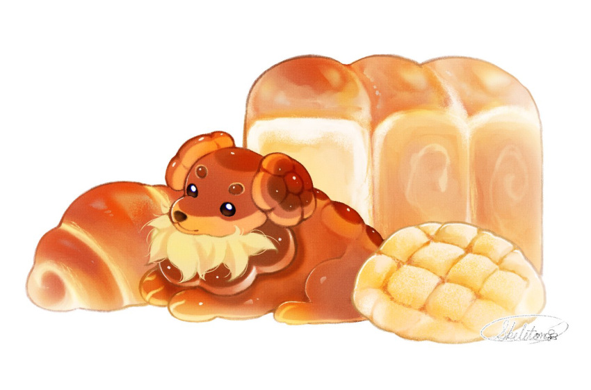 :3, animal_focus, bread, closed_mouth, commentary_request, croissant, dachsbun, dog, food, loaf_of_bread, no_humans, pokemon, pokemon_(creature), pokemon_focus, signature, simple_background, smile, solo, white_background, zero_(ribia)