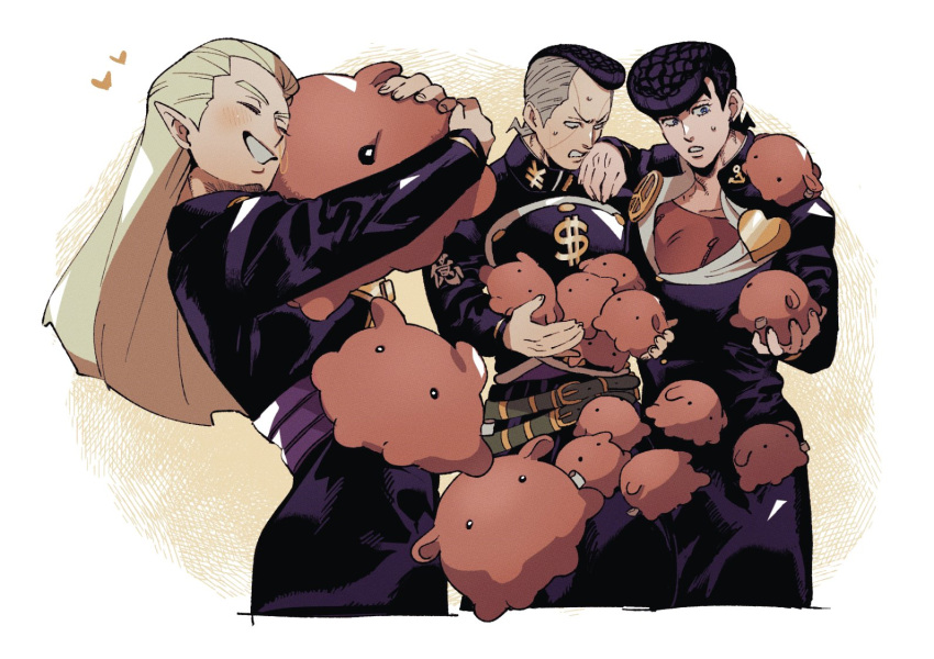 3boys, belt, black_jacket, blonde_hair, commentary_request, cropped_legs, diamond_wa_kudakenai, dollar_sign
