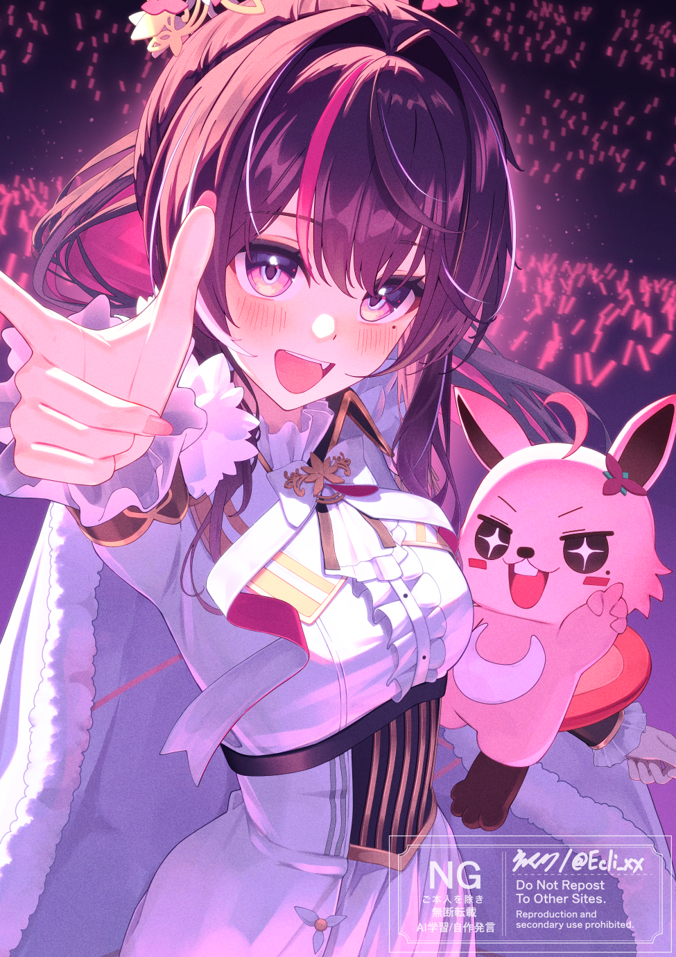 1girl, :d, azki_(hololive), azki_(prima_diva)_(hololive), blush, breasts, brown_hair, cape, center_frills, colored_inner_hair, crown, double-parted_bangs, ecli_xx, fang, feather-trimmed_cape, fingernails, floating_crown, foreshortening, frilled_sleeves, frills, fur-trimmed_cape, fur_trim, glowstick, gold_trim, hair_between_eyes, hair_intakes, highres, hololive, long_fingernails, long_hair, long_sleeves, looking_at_viewer, mole, mole_under_eye, multicolored_hair, nail_polish, official_alternate_costume, official_alternate_hairstyle, open_mouth, overskirt, pink_hair, pink_nails, pink_streaks, pioneer_(azki), pointing, pointing_at_viewer, ponytail, shirt, sidelocks, small_breasts, smile, solo, underbust, very_long_hair, violet_eyes, virtual_youtuber, watermark, white_cape, white_overskirt, white_shirt, white_streaks
