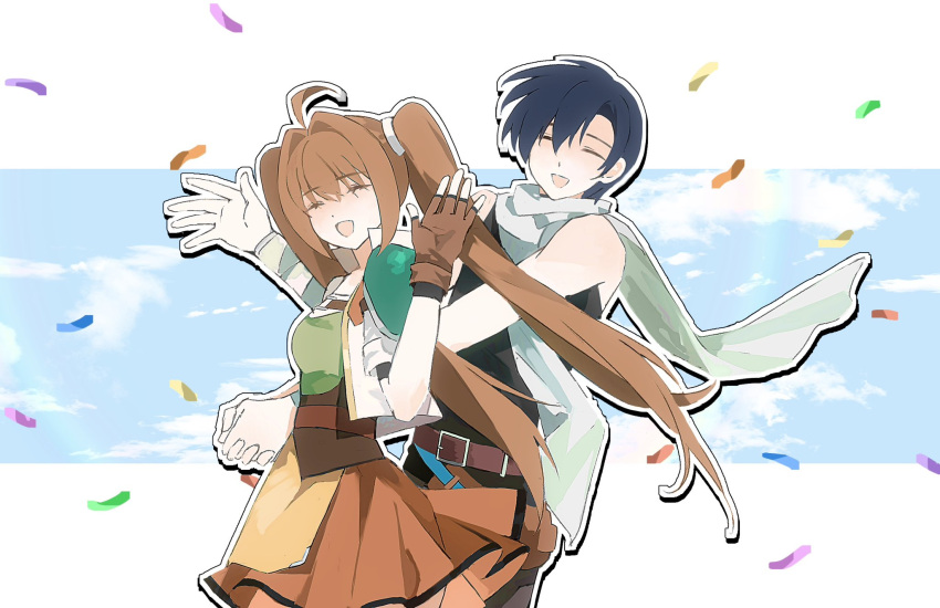 1boy, 1girl, ahoge, antenna_hair, armor, asprosgy, black_hair, blue_sky, brown_hair, closed_eyes, clouds, commentary_request, confetti, cropped_jacket, curtained_hair, double-parted_bangs, eiyuu_densetsu, estelle_bright, floating_hair, floating_scarf, hair_between_eyes, hair_intakes, highres, holding_hands, joshua_bright, long_hair, mullet, open_mouth, parted_bangs, pauldrons, scarf, short_hair, short_sleeves, shoulder_armor, simple_background, single_pauldron, skirt, sky, sleeveless, smile, sora_no_kiseki, twintails, two-tone_background, upper_body, very_long_hair, white_background, white_scarf