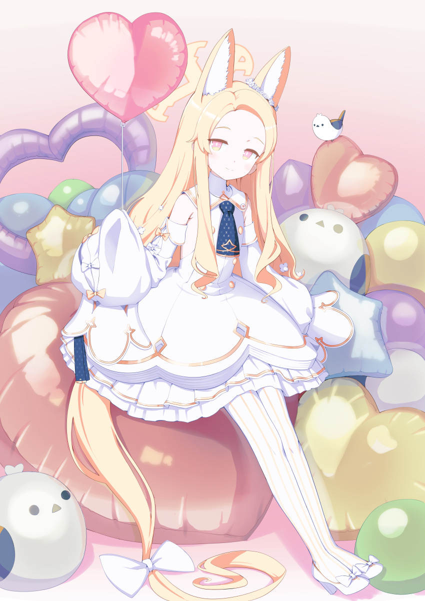 1girl, absurdres, animal_ears, balloon, bird, bird_balloon, blonde_hair, blue_archive