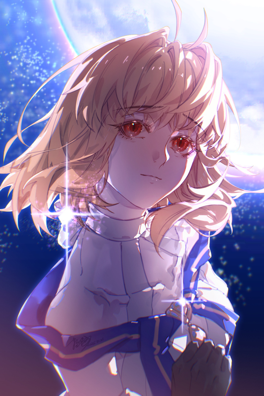 1girl, absurdres, ahoge, arcueid_brunestud, arcueid_brunestud_(mooncancer), bare_shoulders, blonde_hair, blue_ribbon