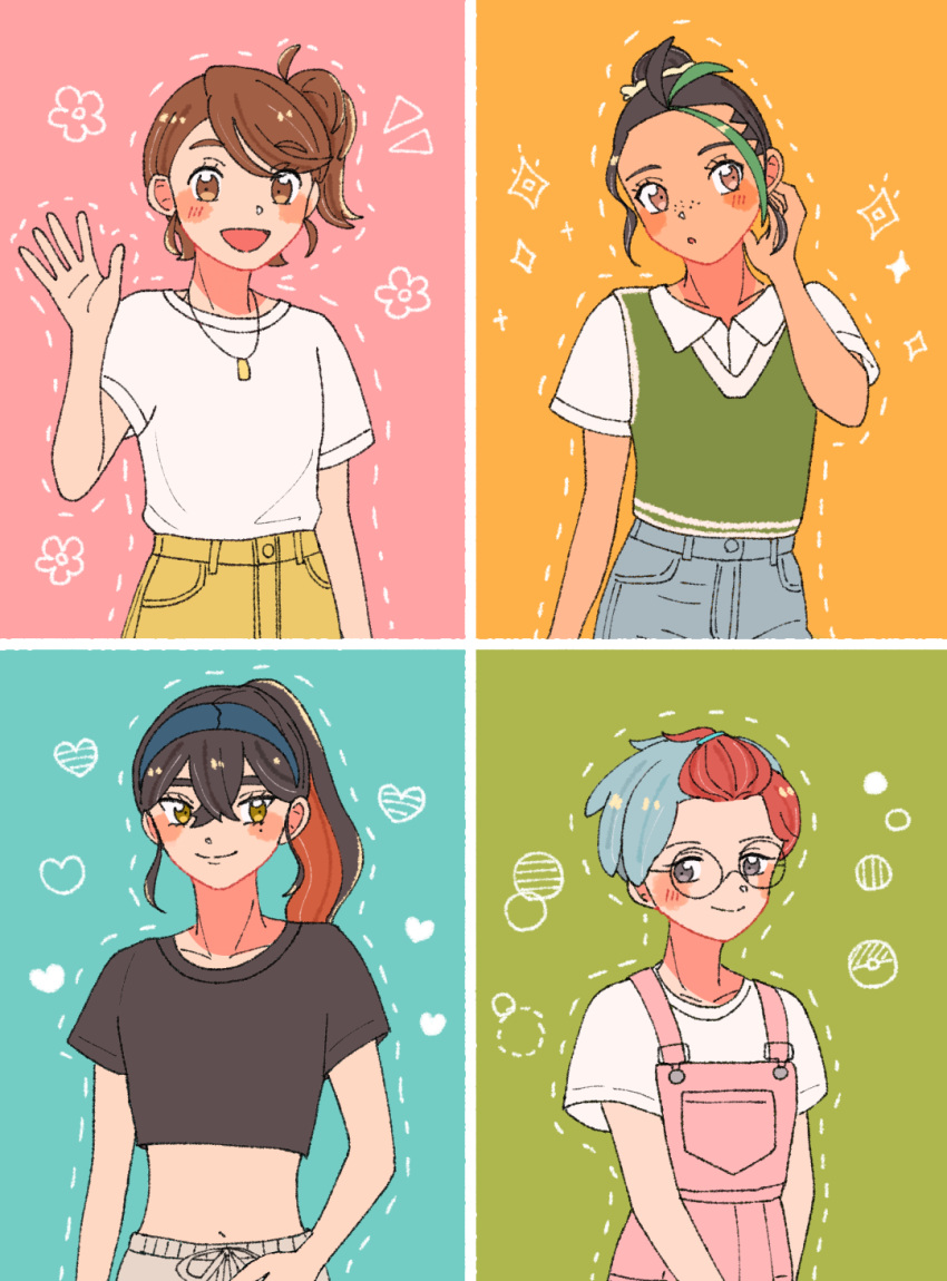 4girls, :d, :o, alternate_costume, alternate_hairstyle, aoaoe_2, bangs_pinned_back, black_hair, black_shirt, blue_hair, blue_hairband, blush, blush_stickers, brown_eyes, brown_hair, carmine_(pokemon), casual, collarbone, commentary_request, crop_top, dotted_line, eyelashes, freckles, glasses, green_hair, green_vest, grey_eyes, hairband, heart, highres, jewelry, juliana_(pokemon), midriff, multicolored_hair, multiple_girls, navel, necklace, nemona_(pokemon), notice_lines, open_mouth, overalls, penny_(pokemon), pink_overalls, poke_ball_symbol, pokemon, pokemon_sv, red_hair, round_eyewear, shirt, short_hair, short_sleeves, side_ponytail, smile, two-tone_hair, very_short_hair, vest, waving, white_shirt