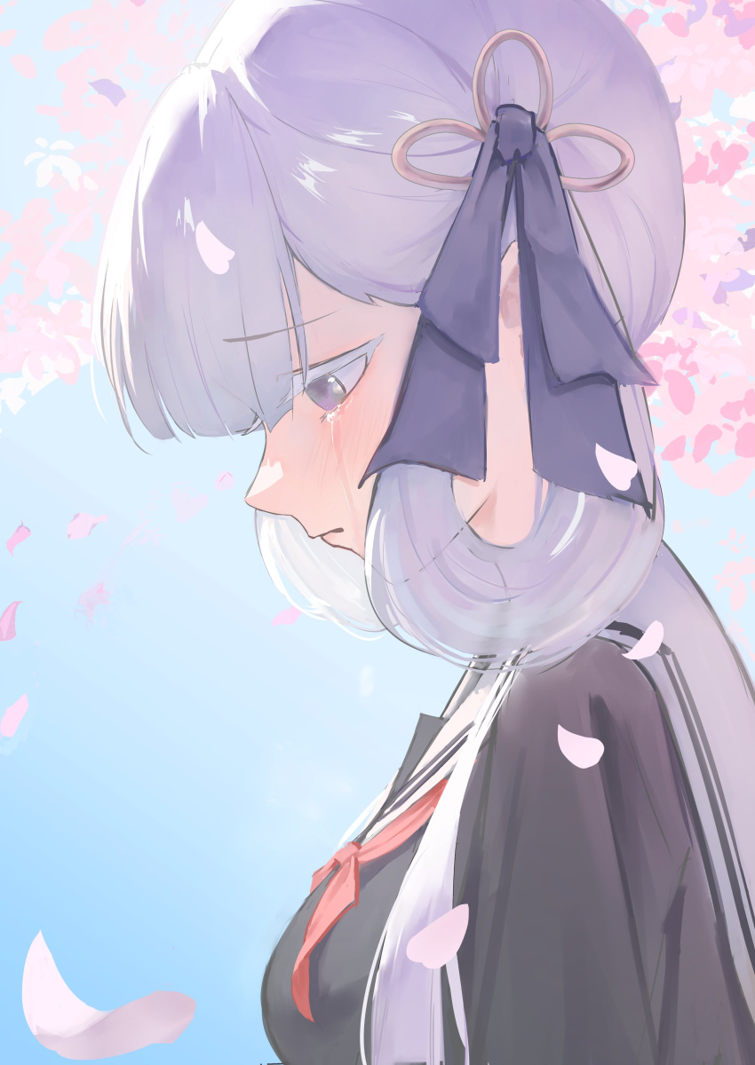 1girl, absurdres, alternate_costume, black_shirt, bow, breasts, closed_mouth, colored_eyelashes