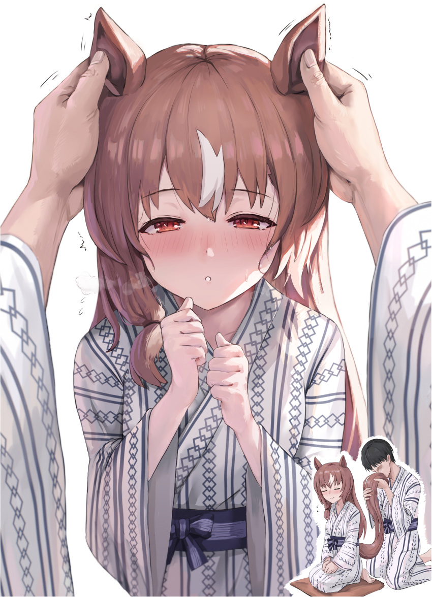 1boy, 1girl, absurdres, animal_ears, bath_yukata, black_hair, blush, brown_hair