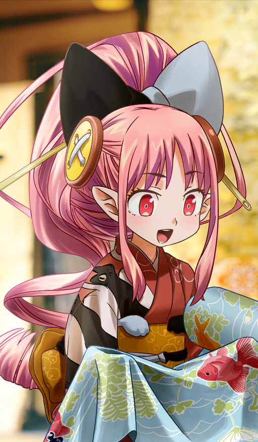 1girl, :d, animal_print, blurry, blurry_background, bow, button_hair_ornament, commentary_request, fate/grand_order, fate_(series), game_cg, habetrot_(fate), habetrot_(over_the_same_sky)_(fate), hair_bow, hair_ornament, hair_stick, high_ponytail, hirai_yukio, holding, japanese_clothes, kimono, long_hair, long_sidelocks, looking_down, obi, official_art, photo_background, pink_hair, pointy_ears, ponytail, red_eyes, red_kimono, sash, sidelocks, smile, solo, third-party_source, upper_body, yellow_sash