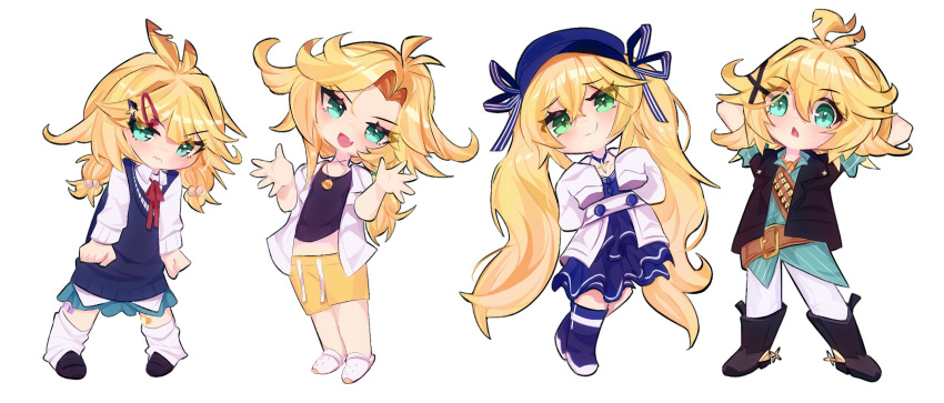 1girl, angry, aqua_shirt, bandolier, belt, black_boots, black_gloves, black_jacket, black_shirt, black_veil, blonde_hair, blue_dress, boots, chibi, chibi_only, commentary, cowboy_boots, crocs, cropped_shirt, dokibird, dokibird_(bounty_hunter), dokibird_(retro_doki), dokibird_(school_uniform), dokibird_(summer), dress, embarrassed, english_commentary, fang, feather_hair, full_body, gloves, green_eyes, hair_ornament, highres, indie_virtual_youtuber, jacket, long_hair, looking_at_viewer, loose_socks, low_twintails, male_swimwear, multiple_views, official_alternate_costume, school_uniform, shirt, simple_background, skin_fang, smug, socks, sweater_vest, swim_trunks, troubleshooter_bun, twintails, veil, very_long_hair, virtual_youtuber, white_background, white_jacket, white_socks, x_hair_ornament