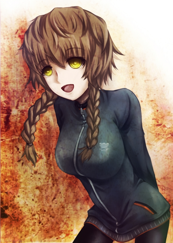 arms_behind_back, braid, breasts, brown_hair, cofi_(eternal), eternal, open_mouth, solo