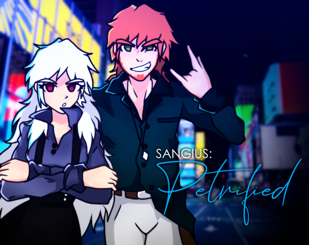 1boy, 1girl, belt, city, collared_shirt, green_eyes, kodoku, long_hair, long_sleeves, lucien_klein, mackenzie_napoli, night, orange_hair, original, red_eyes, sangius, sangius_petrified, shirt, skirt, suspender_skirt, suspenders, white_hair