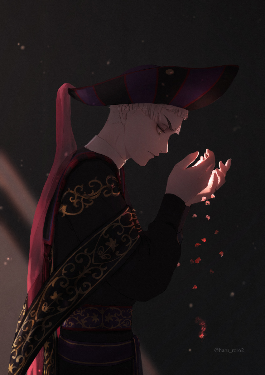 1boy, absurdres, black_background, closed_mouth, commentary_request, embers, from_side, grey_hair