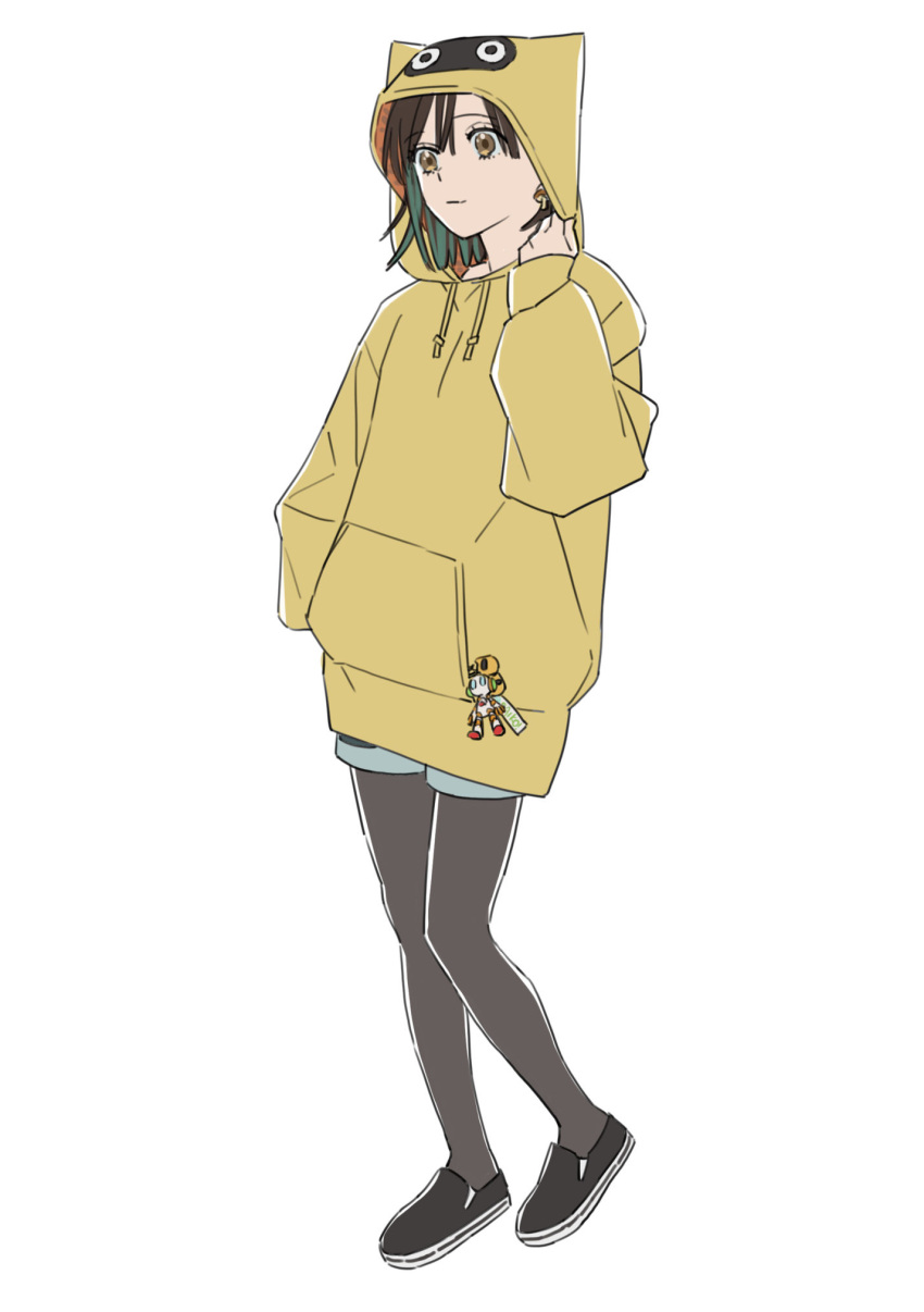 1girl, black_shoes, blue_shorts, brown_eyes, commentary_request, full_body, green_hair, hair_ornament, hand_in_pocket, highres, hood, hoodie, kawabata_arata, multicolored_hair, original, pantyhose, pantyhose_under_shorts, shoes, short_shorts, shorts, simple_background, sleeves_past_wrists, solo, two-tone_hair, yellow_hoodie